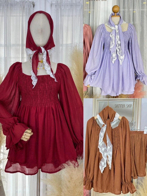 Smoked Peasant Blouse With Scarf and Short Sets